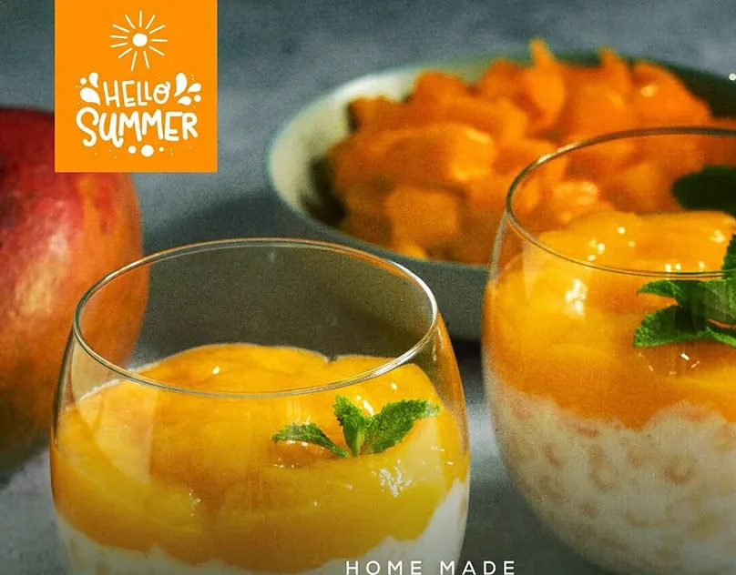 A branded 'Hello Summer' mango dessert social post, from the RASAM brand identity project