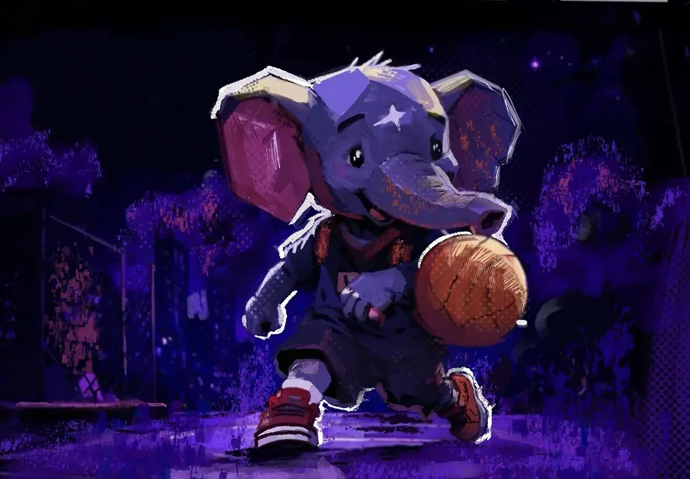 A young elephant dribbling a basketball alone on a city street court at night, Kickershoe Issue 003