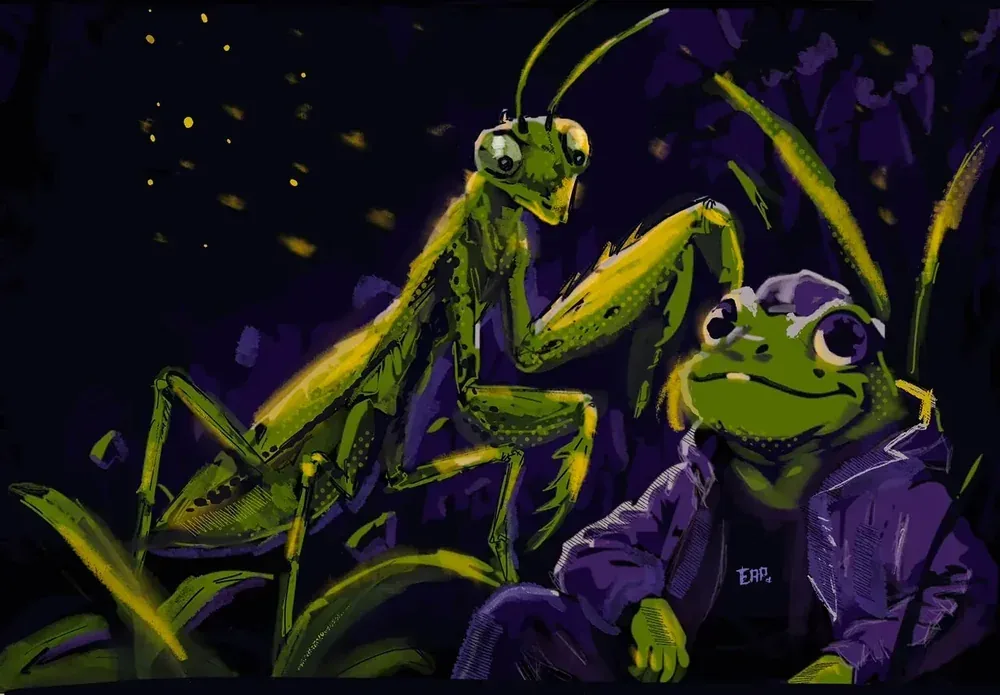 The mantis and his frog friend hidden in the tall grass at night, Kickershoe Issue 001